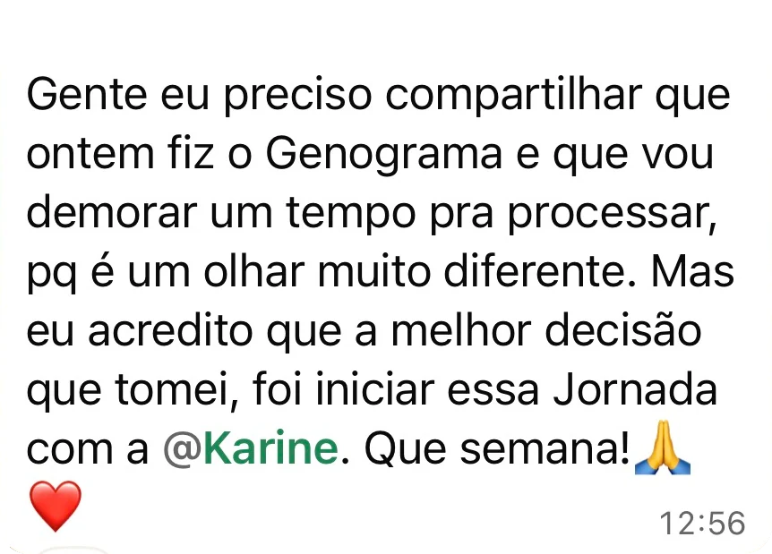 Gente, eu preciso compartilhar que ontem fiz o Genograma e que vou demorar um tempo pra processar, porque é um olhar muito diferente. Mas eu acredito que a melhor decisão que tomei foi iniciar essa Jornada.
